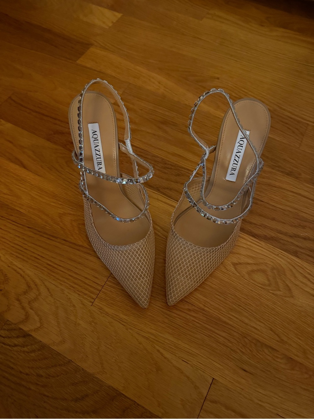 Aquazzura Beige Mesh Pointed Toe Slingback Heels with Crystal Straps